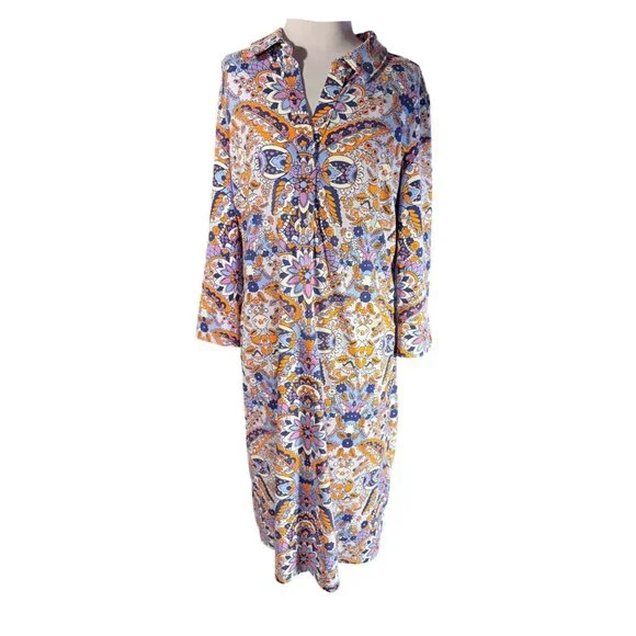 Talbots Womens S Multicolor Paisley Long-Sleeve Pull-On Dress With Buttons - Picture 2 of 9